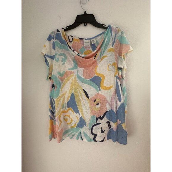 Rachel Zoe 100% Linen‎ Shirt Cowl Neck Artsy Floral Cap Sleeve Size XL Cottage - Picture 2 of 6